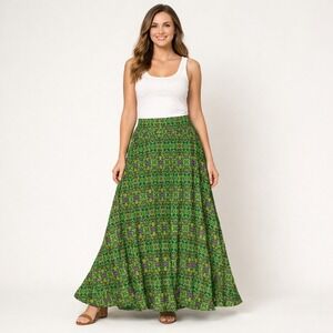 LuLaRoe Lola Green Kaleidoscope Floral Print Maxi Skirt Medium Yoga Waistband